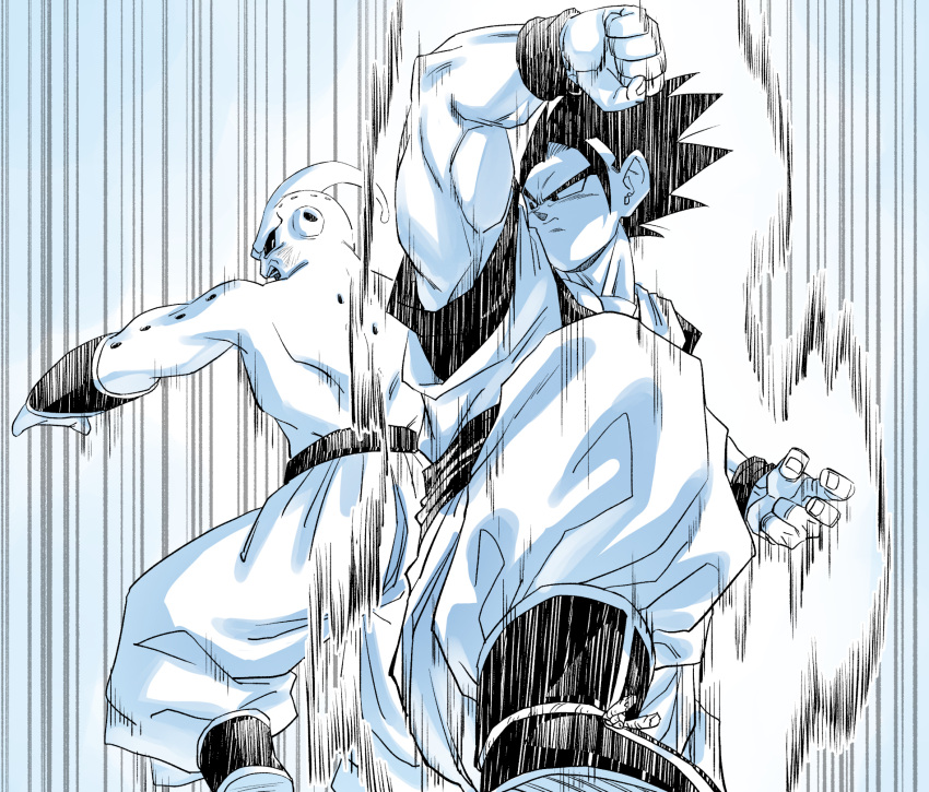 2boys amayuki318 arm_up aura baggy_pants biceps black_hair black_sclera boots clenched_hand closed_mouth collarbone colored_sclera commentary_request dougi dragon_ball dragon_ball_z duel fighting_stance flying head_tail highres hole_on_body looking_at_another looking_back majin_buu male_focus martial_arts_belt motion_lines multiple_boys muscular muscular_male pants partially_colored potential_unleashed serious short_hair son_gohan spiked_hair super_buu surprised thick_eyebrows thick_neck topless_male undershirt wristband