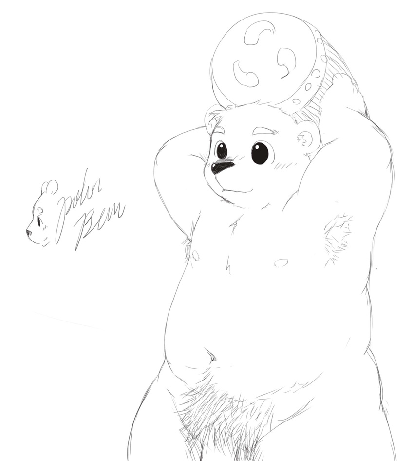 anthro armpits bear big_eyes carrying chubby eyebrows humanoid_penis kemono male mammal monochrome navel nipples penis plain_background pubes sketch solo stevenlew thick_penis white_background
