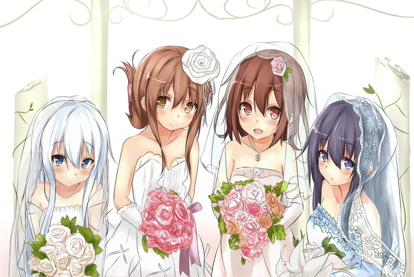 akatsuki_(kantai_collection) alternate_costume bare_shoulders black_hair blue_dress blue_eyes blue_gloves blue_wedding_dress blush bouquet brown_eyes brown_hair dress elbow_gloves fang flower folded_ponytail gloves hair_flower hair_ornament hibiki_(kantai_collection) highres ikazuchi_(kantai_collection) inazuma_(kantai_collection) jewelry kantai_collection long_hair looking_at_viewer multiple_girls necklace open_mouth saku_(kudrove) smile strapless strapless_dress updo veil wedding_dress white_dress white_gloves white_hair