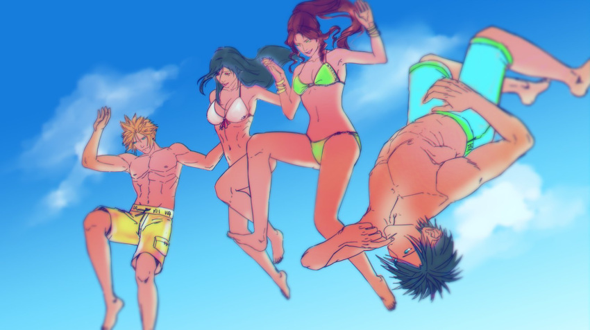 2boys 2girls aerith_gainsborough barefoot bikini black_hair blonde_hair blue_sky blue_swim_trunks braid braided_ponytail breasts brown_hair cloud cloud_strife cloudy_sky english_commentary final_fantasy final_fantasy_vii final_fantasy_vii_remake floating_hair green_bikini highres holding_hands jumping large_breasts long_hair male_swimwear medium_breasts multiple_boys multiple_girls navel outdoors short_hair sky spiked_hair stomach swim_trunks swimsuit tifa_lockhart toned toned_male topless_male voaleine white_bikini yellow_swim_trunks zack_fair