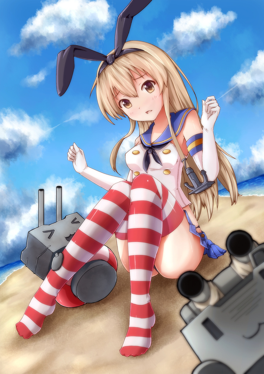 &gt;_&lt; :3 anchor_hair_ornament bare_shoulders beach black_panties blonde_hair blue_skirt blue_sky closed_eyes cloud day elbow_gloves gloves hair_ornament hairband highres kaiyi kantai_collection knees_together_feet_apart long_hair looking_at_viewer no_shoes outdoors panties pleated_skirt rensouhou-chan sailor_collar shimakaze_(kantai_collection) sitting skirt sky solo striped striped_legwear thighhighs underwear yellow_eyes |_|