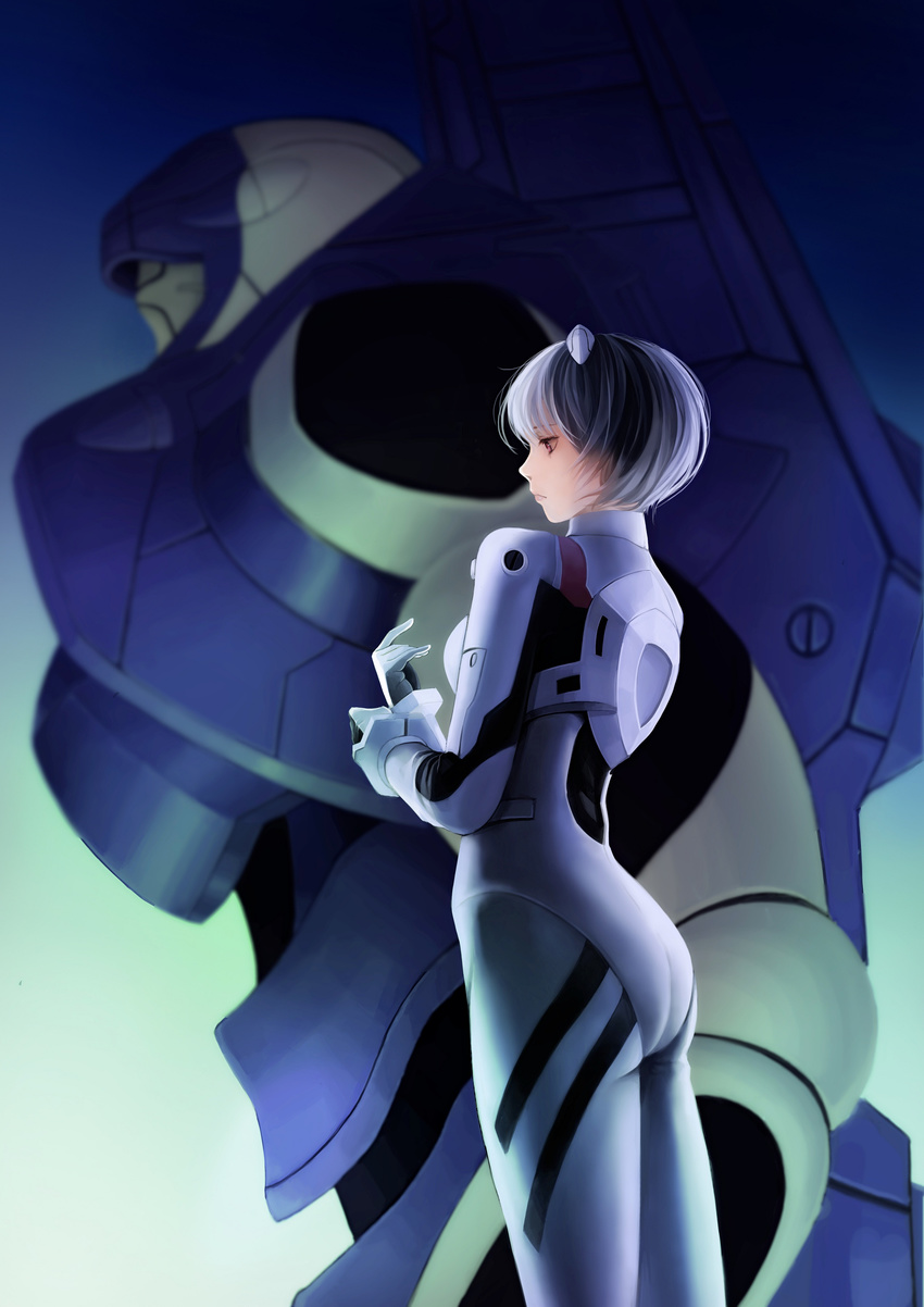 absurdres ass ayanami_rei blue_hair bodysuit flat_ass highres lancelot_(pixiv8247730) mecha neon_genesis_evangelion plugsuit red_eyes short_hair solo white_bodysuit