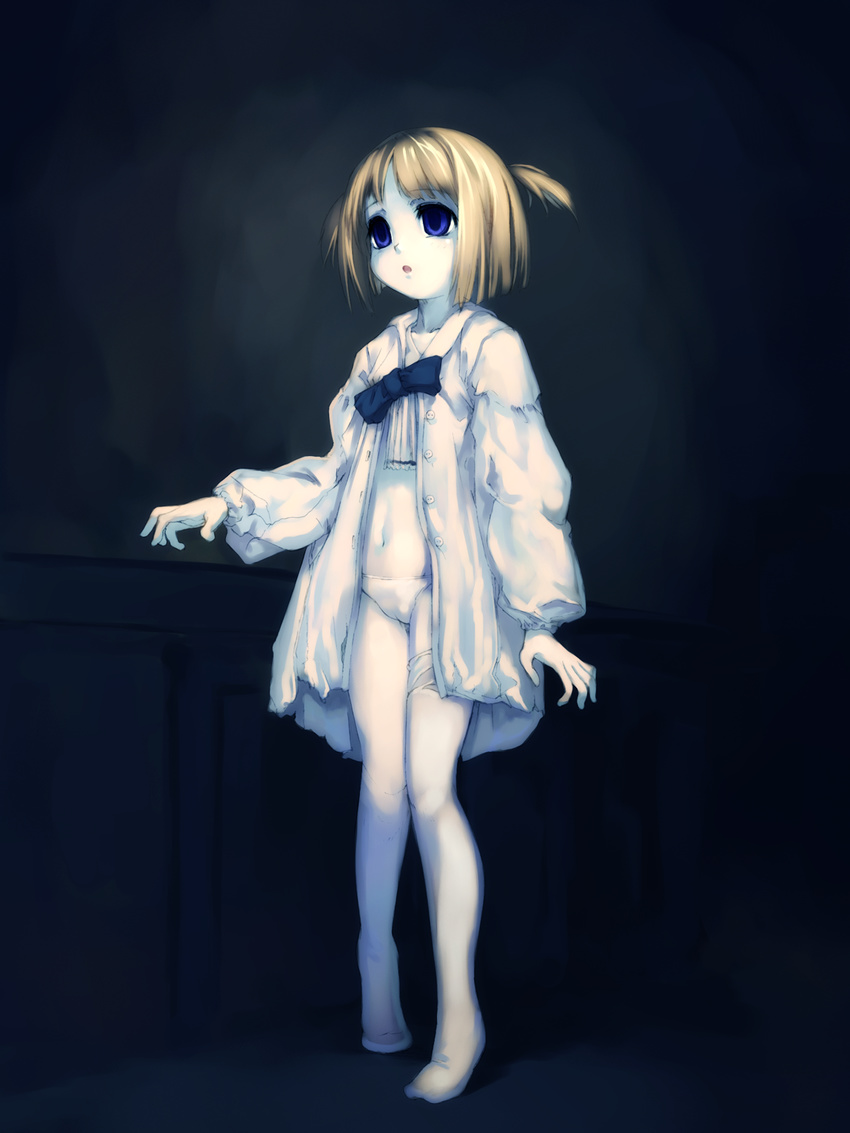 asymmetrical_clothes barefoot blonde_hair blue_eyes child empty_eyes highres hitomaru kneehighs open_clothes open_shirt original panties shirt short_hair short_twintails single_thighhigh socks solo thighhighs twintails underwear