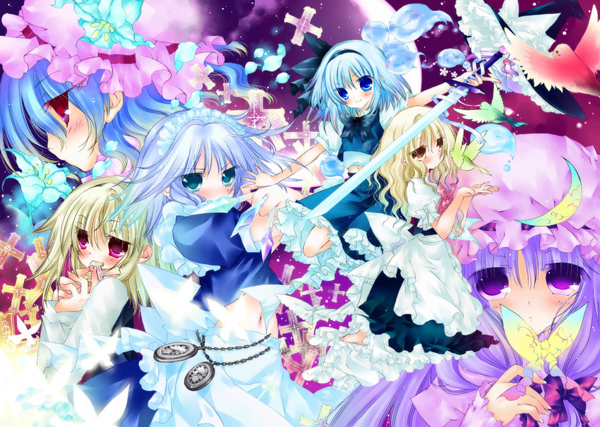 apron aqua_eyes bird blonde_hair blue_eyes blue_hair blush bow bowtie bug butterfly chain crescent crescent_moon cross flower hair_bow hair_ribbon hat insect izayoi_sakuya katana kirisame_marisa kneeling konpaku_youmu lily_(flower) long_sleeves looking_at_viewer maid_headdress midriff mob_cap moo_(umineko) moon mouth_hold multiple_girls navel orange_eyes patchouli_knowledge petals pocket_watch profile puffy_short_sleeves puffy_sleeves purple_eyes purple_hair red_eyes remilia_scarlet ribbon ribbon_trim rumia short_sleeves silver_hair sword touhou wallpaper watch wavy_hair weapon witch_hat