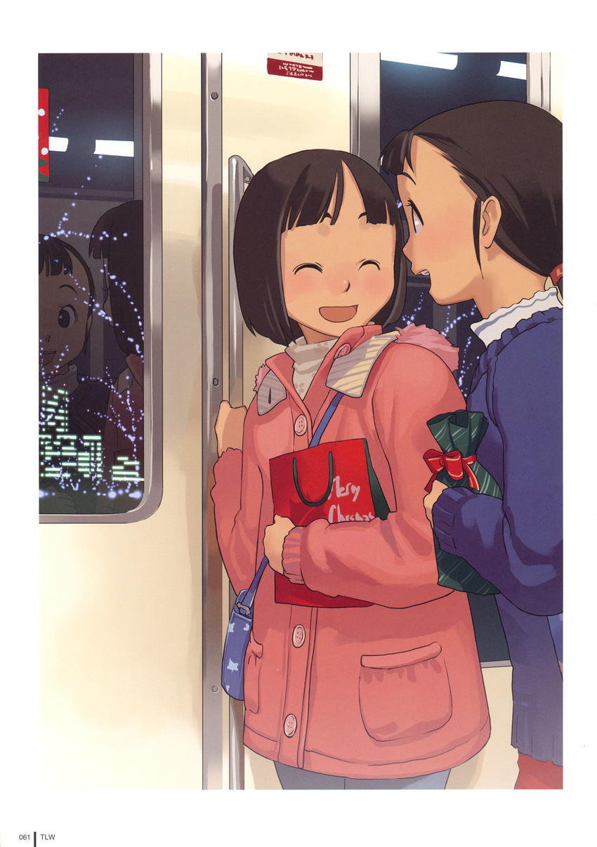 absurdres bag closed_eyes coat copyright_request highres multiple_girls short_hair smile takamichi train_interior window