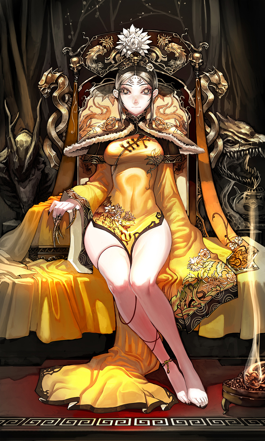 barefoot black_nails breasts china_dress chinese_clothes claw_ring dalachi_(headdress) dress empress feet fingernails grey_eyes headdress highres jeffr large_breasts legs long_legs nail_polish original short_hair side_slit silver_hair sitting solo thighs toenail_polish wide_hips