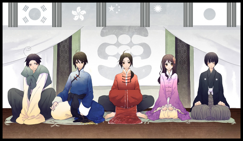 4boys ahoge axis_powers_hetalia black_hair brown_hair china_(hetalia) closed_eyes expressionless full_body goroo hong_kong_(hetalia) japan_(hetalia) japanese_clothes kimono korea_(hetalia) long_sleeves looking_at_viewer multiple_boys short_hair sitting taiwan_(hetalia)