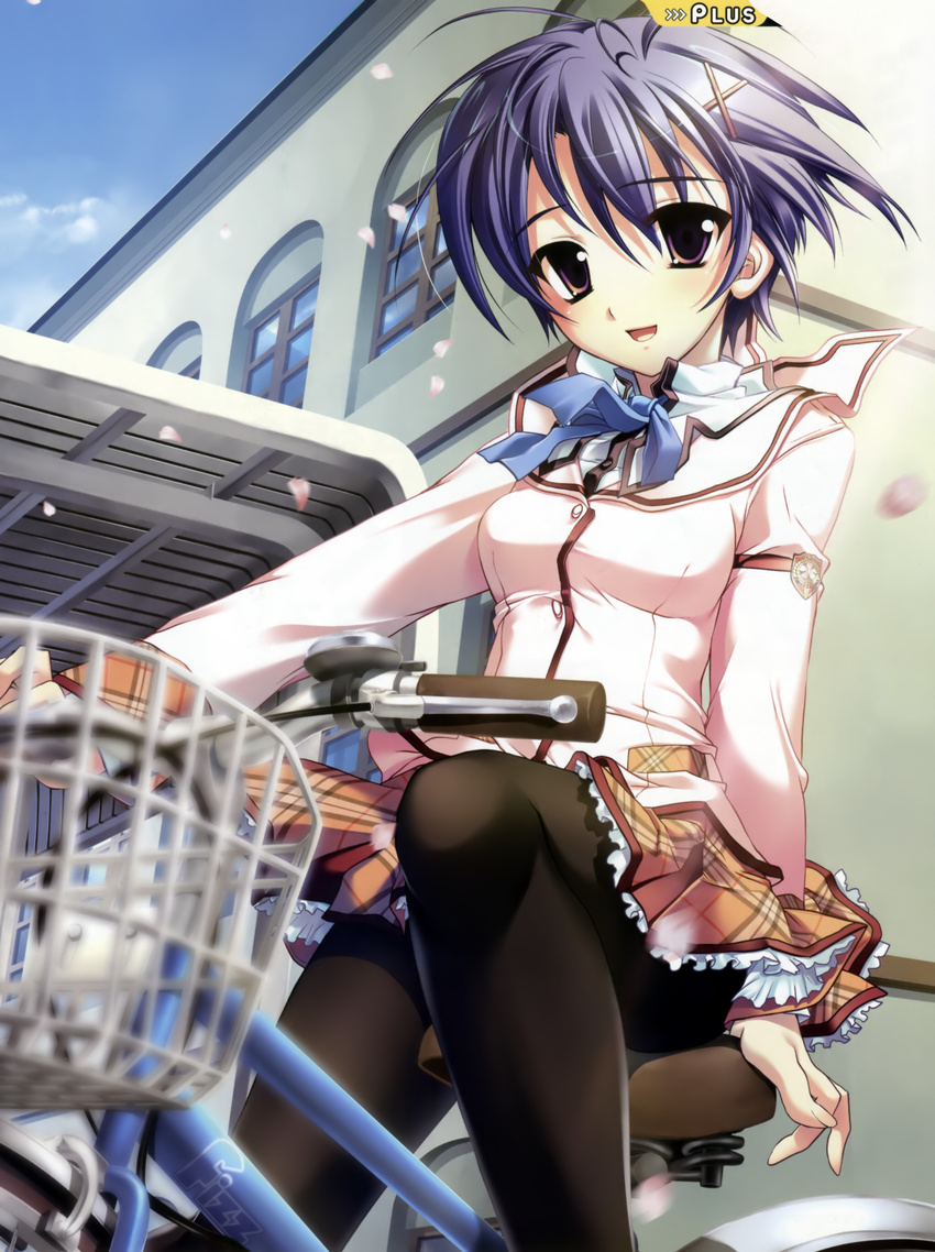 absurdres aiba_tomono antenna_hair ascot badge bangs basket bicycle bicycle_basket black_legwear blouse blurry brown_eyes building buttons day depth_of_field frilled_skirt frills from_behind ground_vehicle hair_ornament hairclip highres kanna_(plum) long_sleeves looking_at_viewer open_mouth outdoors panties panties_under_pantyhose pantyhose petals pink_blouse plaid plaid_skirt purple_eyes purple_hair sakura_tale school_uniform serafuku short_hair sitting skirt sky smile solo underwear