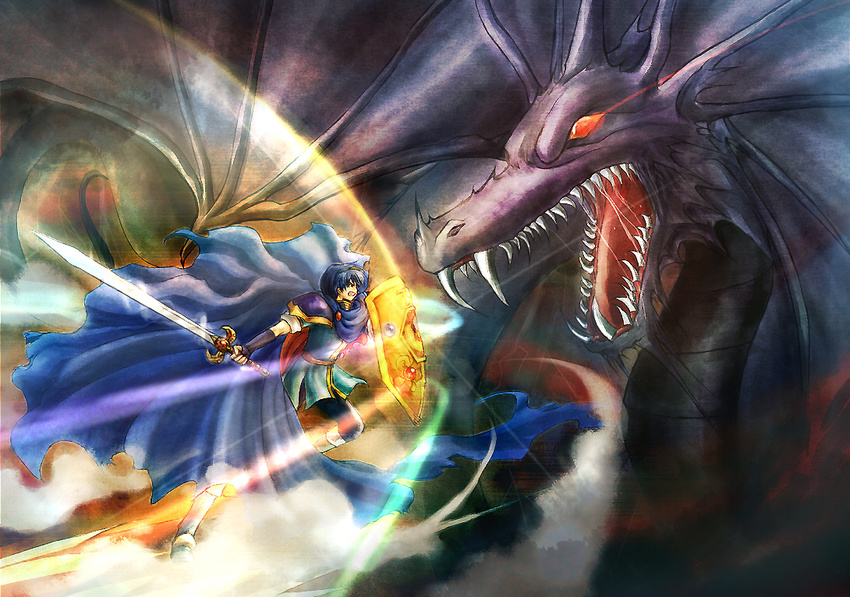 artist_request blue_eyes blue_hair cape dragon epic fire_emblem fire_emblem:_monshou_no_nazo gloves marth medeus sword tiara weapon