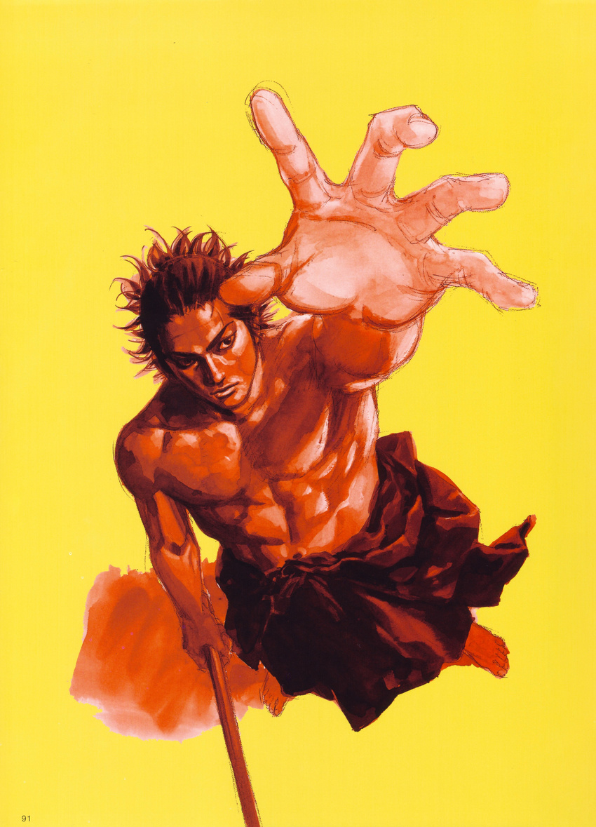 absurdres artbook foreshortening from_above hands highres male_focus miyamoto_musashi muscle perspective scan solo sword takehiko_inoue vagabond weapon