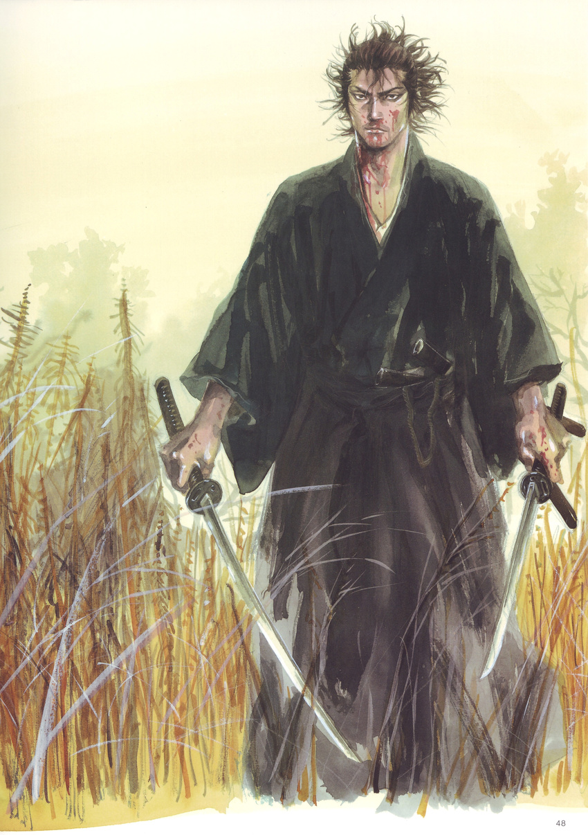 absurdres blood dual_wielding highres holding katana male_focus miyamoto_musashi scan solo sword takehiko_inoue traditional_media vagabond weapon