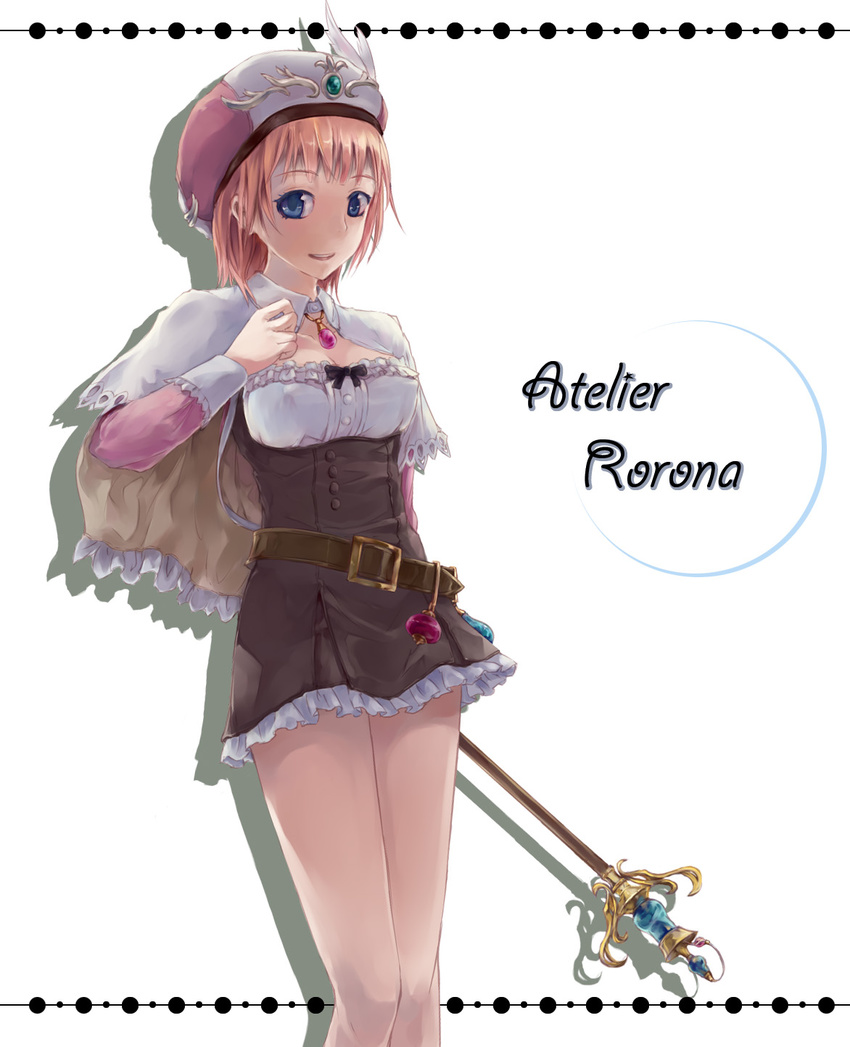 akino_komichi atelier_(series) atelier_rorona breasts brown_dress copyright_name covered_nipples dress hat highres medium_breasts rororina_fryxell solo staff white_background