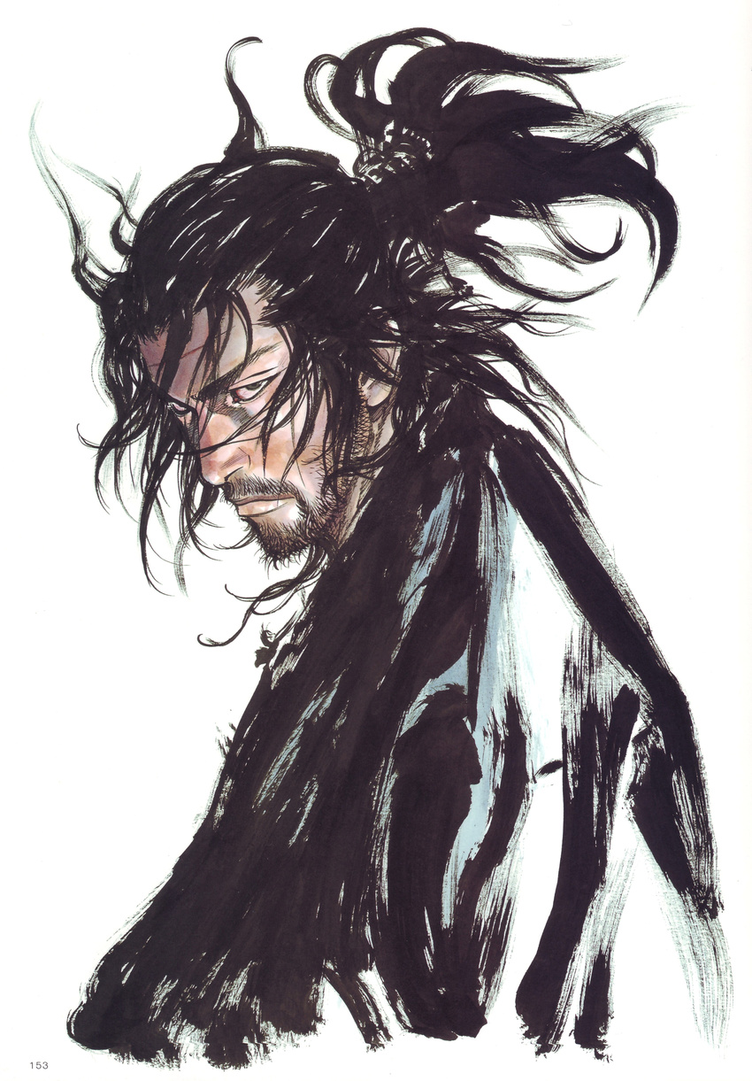 absurdres beard facial_hair highres male_focus manly miyamoto_musashi scan scar solo takehiko_inoue traditional_media vagabond