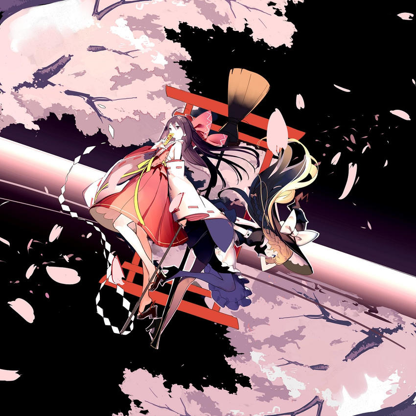 ascot black_eyes black_hair braid broom cherry_blossoms covering_mouth detached_sleeves hakurei_reimu hat highres holding kirisame_marisa light_brown_hair long_hair multiple_girls ofuda petals pleated_skirt reflection samail single_braid skirt torii touhou very_long_hair wind witch_hat