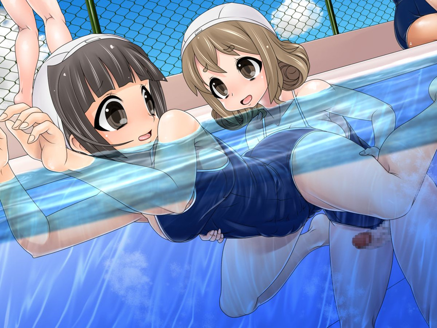 2girls artist_request breasts brown_hair censored futa_with_futa futanari looking_back medium_breasts multiple_girls penis swimsuit water