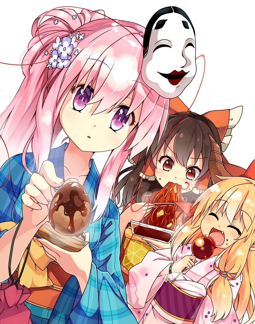 alternate_costume alternate_hairstyle blonde_hair blush bow brown_hair candy_apple chopsticks closed_eyes eating fang flower food hair_bow hair_flower hair_ornament hair_tubes hakurei_reimu hata_no_kokoro heart heart-shaped_pupils highres horns ibuki_suika japanese_clothes kimono kotomuke_fuurin long_hair looking_at_viewer mask multiple_girls obi open_mouth pink_eyes pink_hair ponytail red_eyes sash smile symbol-shaped_pupils takoyaki touhou yakisoba yukata