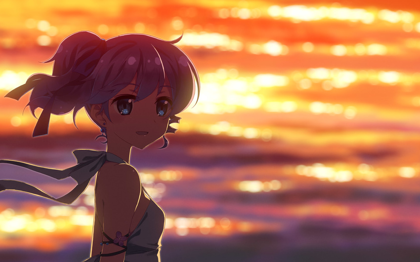:d armlet bare_shoulders blue_eyes casual dj_max dj_max_portable earrings evening halter_top halterneck highres jewelry ladymade_star looking_at_viewer looking_back open_mouth ponytail purple_hair reflection side_ponytail smile solo strap_gap sunlight upper_body water yuuki_tatsuya