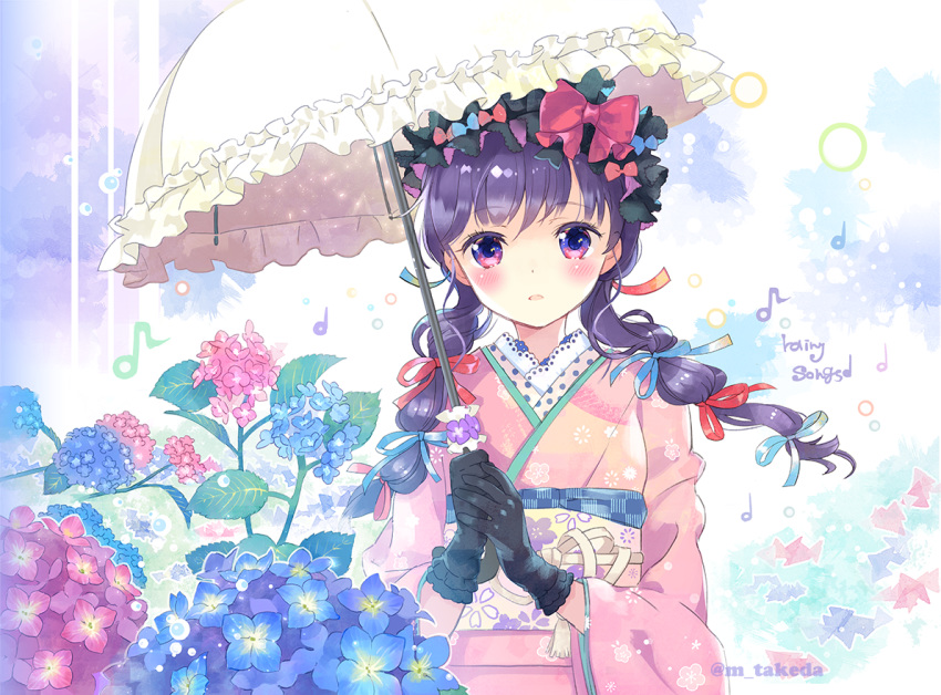 blue_hair bow braids flowers gloves hat japanese_clothes original purple_eyes ribbons takeda_mika twintails umbrella watermark