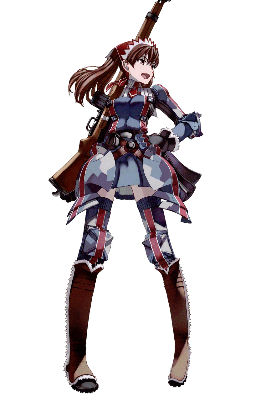 alicia_melchiott armor boots breastplate brown_eyes brown_hair elbow_pads faulds full_body gloves gun hand_on_hip highres holding holding_gun holding_weapon honjou_raita knee_boots knee_pads military military_uniform official_art rifle senjou_no_valkyria senjou_no_valkyria_1 skirt solo thighhighs transparent_background twintails uniform weapon zettai_ryouiki