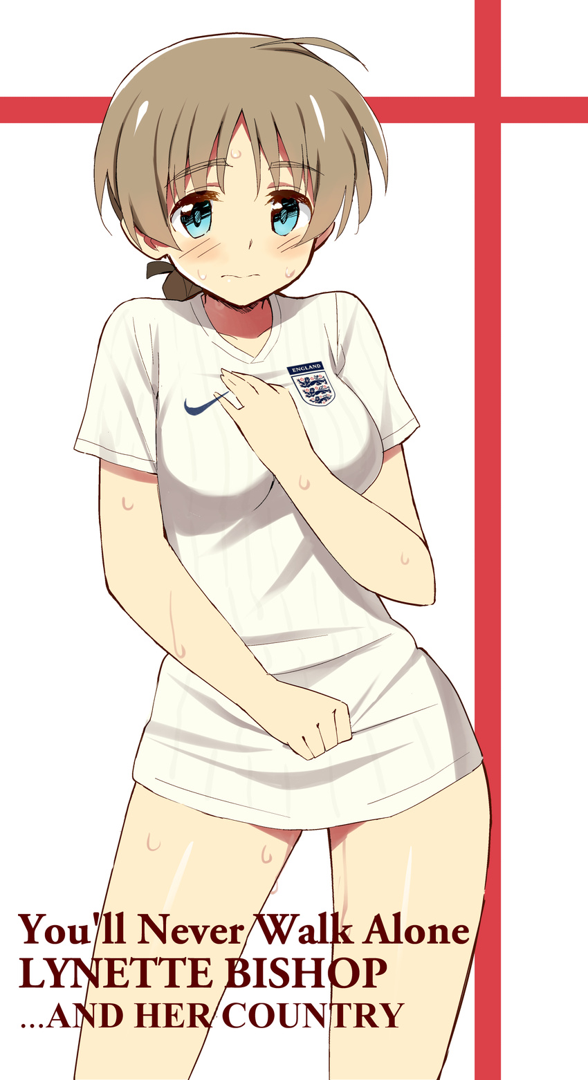 2014_fifa_world_cup absurdres ahoge blue_eyes blush braid breasts brown_hair embarrassed england english glastonbury1966 hair_ribbon highres long_hair looking_at_viewer lynette_bishop medium_breasts nike no_pants ribbon soccer soccer_uniform solo sportswear strike_witches sweatdrop world_cup world_witches_series