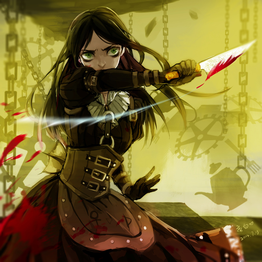 1girl absurdres alice:_madness_returns alice_(wonderland) alice_in_wonderland american_mcgee's_alice black_hair blood breasts bustier chain dress frown gloves green_eyes highres holding holding_knife knife long_hair medium_breasts skirt slashing solo upper_body