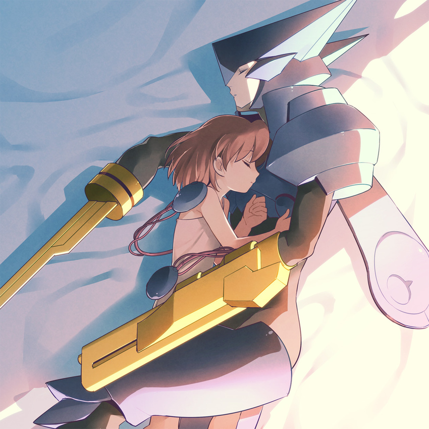 1girl android asagi_marin brigadoon brown_hair closed_eyes dress highres hug mecha melan_blue sleeping tetsukuzu_tetsuko