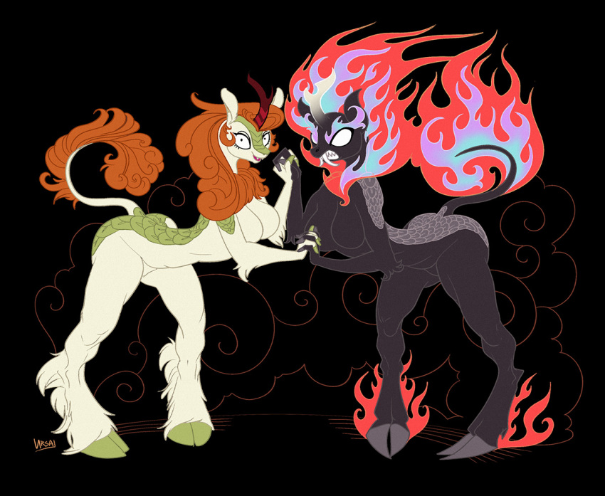 2018 angry anthro autumn_blaze_(mlp) black_background breasts digital_media_(artwork) duo fangs featureless_breasts female fire friendship_is_magic fur haifisch_ehrlich hair hand_holding hooves horn kirin looking_at_viewer my_little_pony nirik open_mouth scales simple_background smile standing teeth white_fur