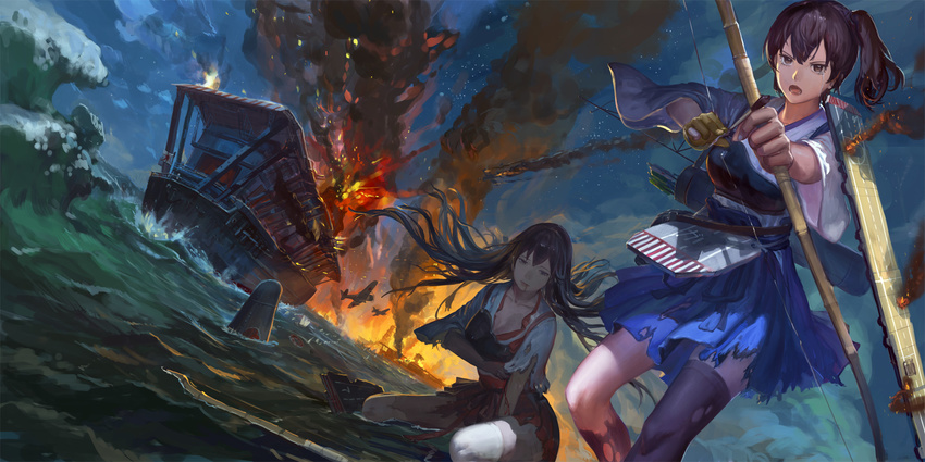 aerial_battle aircraft aircraft_carrier airplane akagi_(aircraft_carrier) akagi_(kantai_collection) battle battle_of_midway black_legwear blood blue_skirt bow_(weapon) breasts cleavage commentary_request crying crying_with_eyes_open explosion fire flight_deck gloves hakama_skirt highres historical_event japanese_clothes jeanex kaga_(aircraft_carrier) kaga_(kantai_collection) kantai_collection long_hair military military_vehicle multiple_girls muneate ocean partly_fingerless_gloves red_skirt ship short_hair side_ponytail skirt smoke tears thighhighs torn_clothes torn_legwear torn_skirt war warship watercraft weapon white_legwear world_war_ii yugake