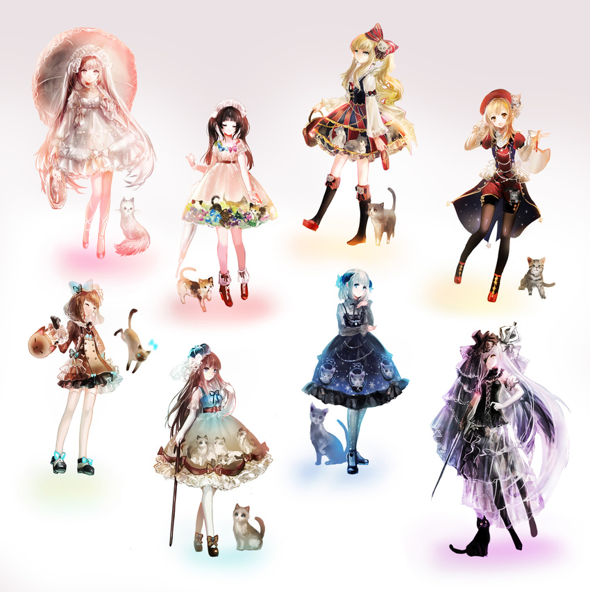 ^_^ bag blonde_hair blue_eyes bow brown_eyes brown_hair bug butterfly cat closed_eyes commentary earrings eyepatch frills gloves gothic_lolita hair_bow hair_ornament handbag highres insect jewelry kneehighs lolita_fashion long_hair looking_at_viewer moemoe3345 multiple_girls original pantyhose personification shoes single_shoe smile sword thighhighs twintails umbrella very_long_hair weapon white_hair yellow_eyes