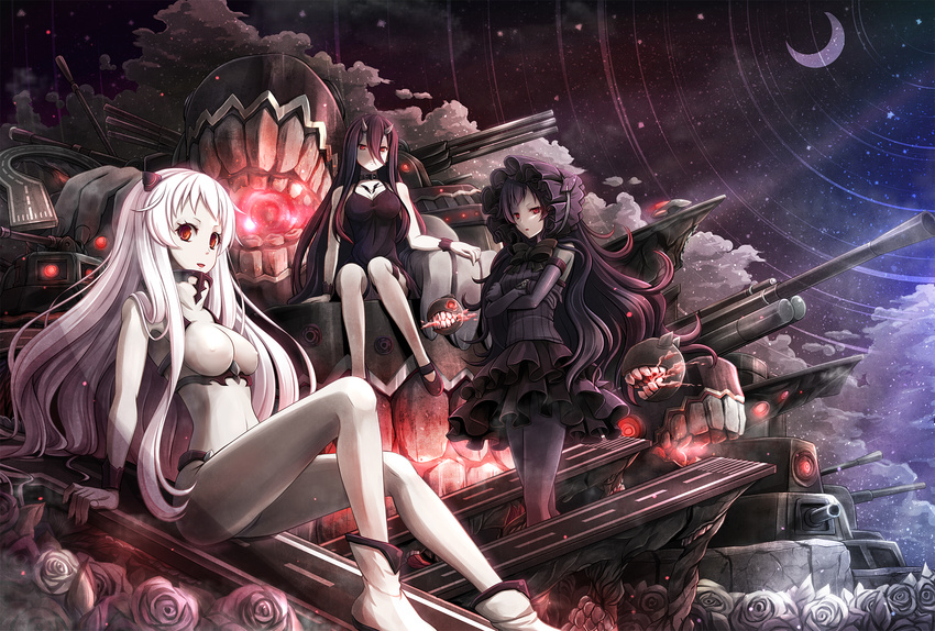 airfield_hime akashio_(loli_ace) arm_support battleship_hime black_dress black_gloves black_hair bow breasts cloud covered_nipples crescent_moon crossed_arms dress elbow_gloves flight_deck gloves gothic_lolita hair_between_eyes highres horns isolated_island_oni kantai_collection large_breasts lolita_fashion long_hair machinery moon multiple_girls night oni_horns pale_skin pantyhose red_eyes ribbed_sweater shinkaisei-kan short_dress sitting skirt sky star_(sky) starry_sky sweater white_hair