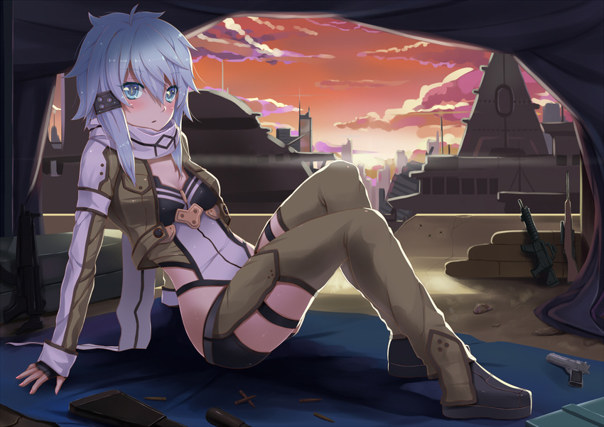 blue_eyes blue_hair fingerless_gloves gloves scarf scenery short_hair short_shorts shorts sinon sonikey0_0 sword_art_online