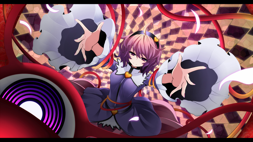 checkered eyeball foreshortening hairband heart highres komeiji_satori looking_at_viewer outstretched_arms petals pink_hair purple_eyes rihito_(usazukin) short_hair smile solo stained_glass third_eye touhou wide_sleeves