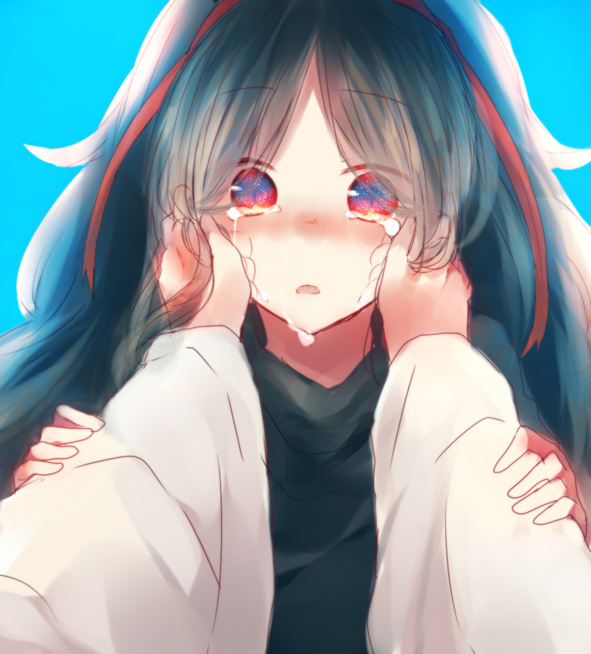 azami_(kagerou_project) bad_id bad_pixiv_id black_hair gorgon hands_on_another's_cheeks hands_on_another's_face highres kagerou_project kuzukiri_shion long_hair red_eyes ribbon slit_pupils solo_focus tears tsukihiko_(kagerou_project) very_long_hair