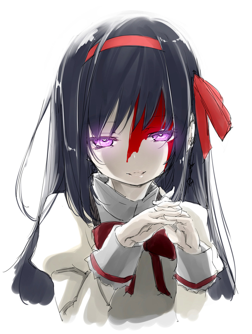 akemi_homura azuma_sawayoshi black_hair blood grin hair_ribbon hands_clasped highres jewelry long_hair looking_at_viewer mahou_shoujo_madoka_magica mahou_shoujo_madoka_magica_movie own_hands_together purple_eyes ribbon school_uniform simple_background single_earring smile solo white_background