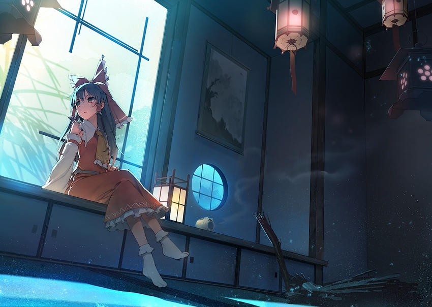 arm_support ascot bad_id bad_pixiv_id black_eyes black_hair bobby_socks bow broken broom crossed_legs detached_sleeves dress eho_(icbm) from_below hair_bow hair_tubes hakurei_reimu incense indoors kayari_buta lantern long_skirt looking_back looking_to_the_side petticoat picture_(object) red_dress sitting skirt smoke socks solo tabi touhou white_legwear window