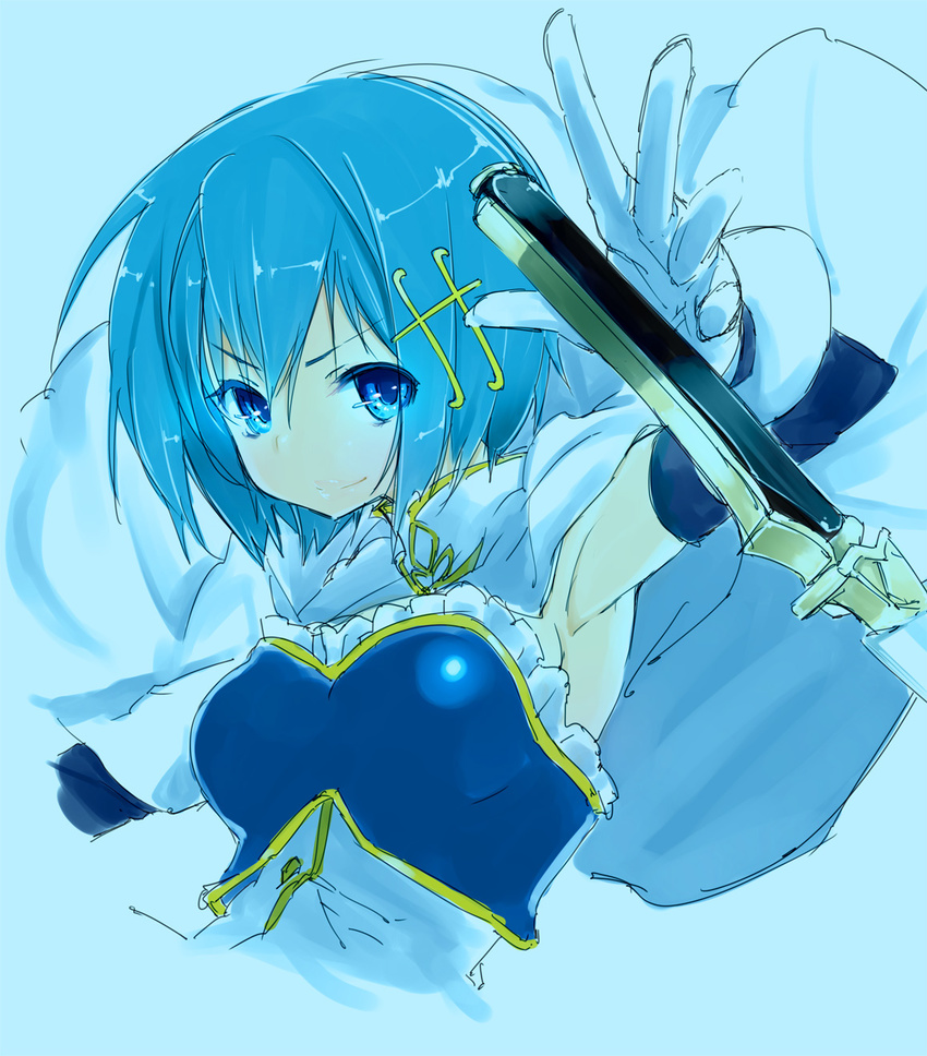 armband armpits azuma_sawayoshi blue blue_eyes blue_hair cape gloves hair_ornament hairclip highres magical_girl mahou_shoujo_madoka_magica mahou_shoujo_madoka_magica_movie miki_sayaka short_hair simple_background smile solo sword weapon