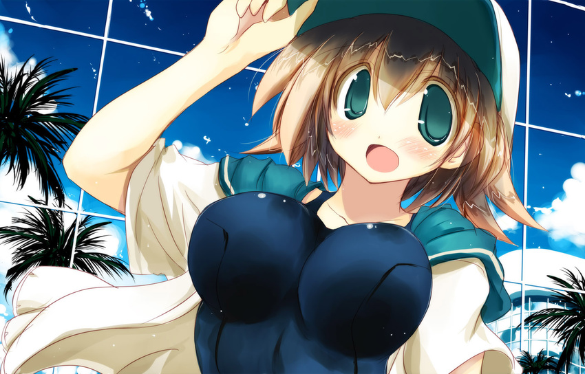 aqua_eyes blush breasts brown_hair dutch_angle hat impossible_clothes large_breasts no_pupils one-piece_swimsuit open_mouth original palm_tree sakaki_(noi-gren) school_swimsuit short_hair solo swimsuit tree