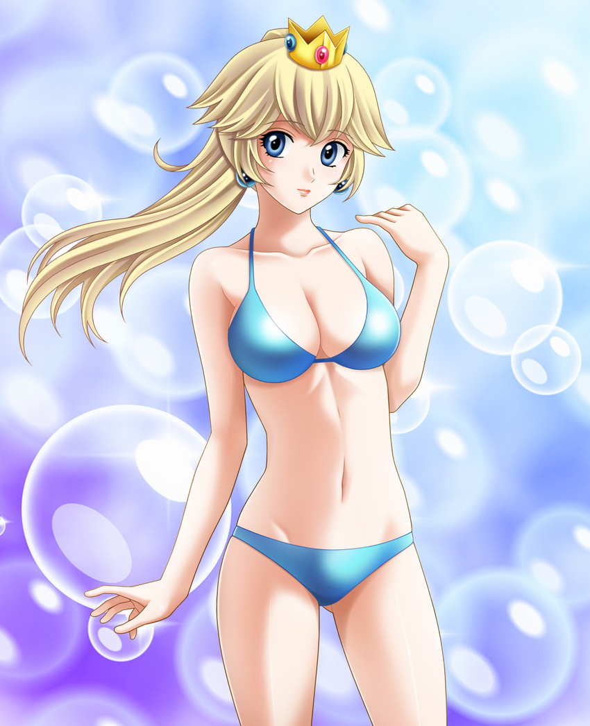 blonde_hair blue_eyes breasts bubble cleavage crown earrings highres jewelry large_breasts long_hair looking_at_viewer mario_(series) navel ponytail princess_peach shiny shiny_skin smile solo super_mario_bros. tamamon