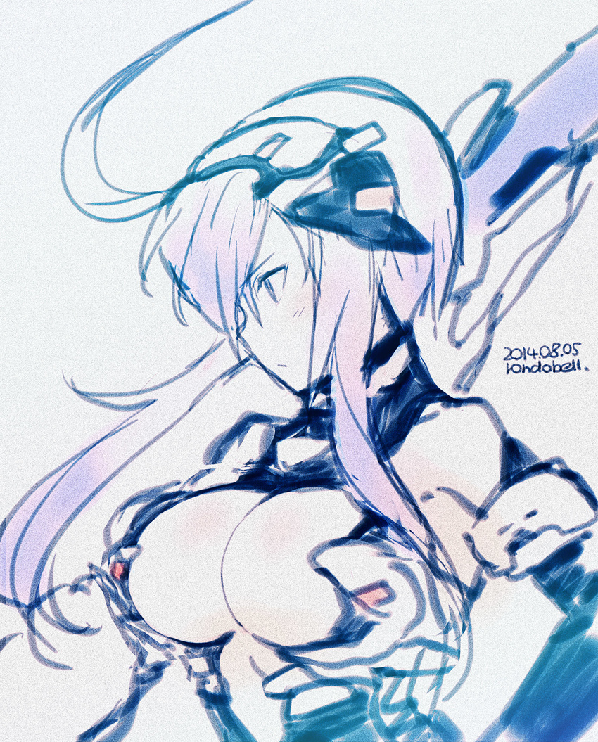 breasts cleavage dated highres large_breasts long_hair mecha_musume million_chain monochrome rondo_bell signature sketch solo