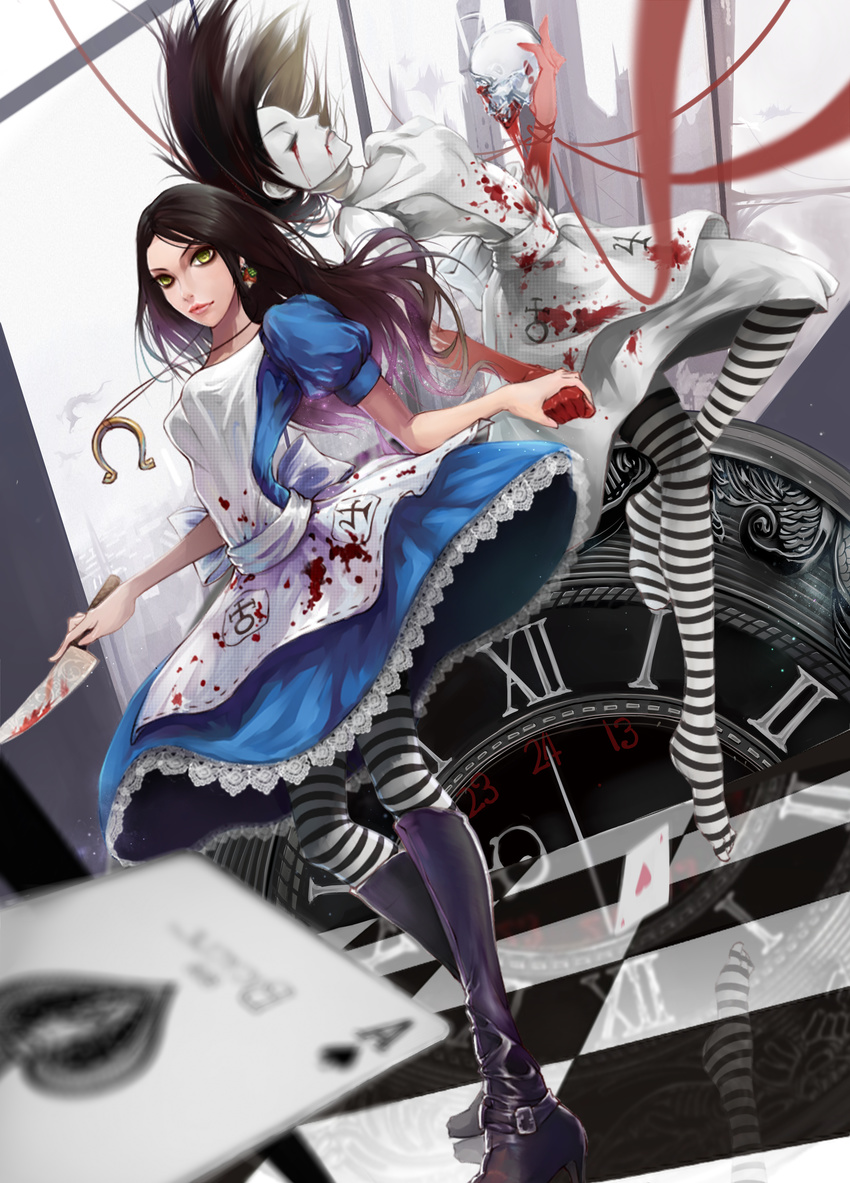 1girl absurdres alice:_madness_returns alice_in_wonderland alice_liddell american_mcgee's_alice american_mcgee's_alice apron blood boots brown_hair card dress duel_persona female green_eyes high_heel_boots high_heels highres jewelry knife kokage_no_shita long_hair necklace skull