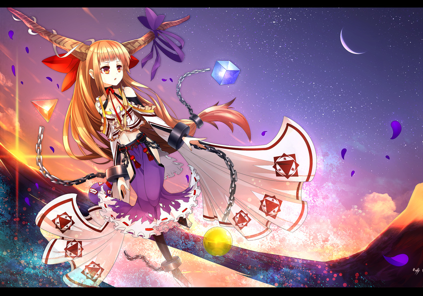 black_legwear chain cloud collarbone crescent_moon cuffs dutch_angle embellished_costume evening frilled_skirt frills horn_ribbon horns ibuki_suika kusakanmuri letterboxed long_hair looking_away looking_to_the_side midriff moon mountain navel neck_ribbon open_mouth orange_eyes orange_hair petals ribbon shackles skirt sky solo star_(sky) sunset tassel touhou valley very_long_hair wide_sleeves