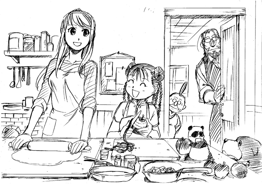 2girls apple arakawa_hiromu baking braid den_(fma) dog food fruit fullmetal_alchemist glasses greyscale highres kitchen knife may_chang monochrome multiple_boys multiple_girls official_art open_mouth panda pinako_rockbell sketch sleeves_rolled_up smile van_hohenheim winry_rockbell xiao-mei