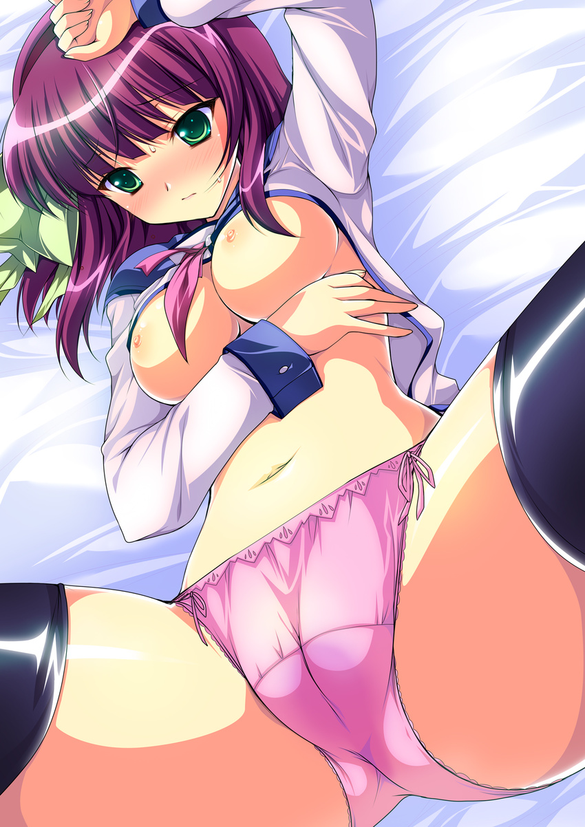 1girl angel_beats! black_legwear blush breasts cameltoe cleavage fat_mons green_eyes hairband long_hair lying medium_breasts ninoko nipples no_bra no_pants on_back panties pink_panties purple_hair school_uniform serafuku shirt_lift solo spread_legs stain thighhighs underwear yuri_(angel_beats!)