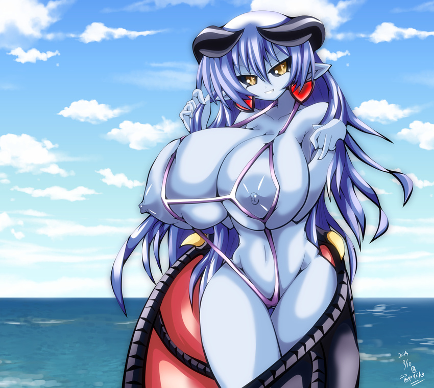 1girl areolae astaroth_(shinrabanshou) bad_anatomy bikini black_sclera blue_hair blue_skin bra breasts cupless_bra curvy demon_girl earrings female highres horns huge_breasts jewelry long_hair navel nico_oyabin nicooyabin nipples ocean outdoors puffy_nipples purple_bikini purple_swimsuit shinrabanshou sling_bikini smile solo standing succubus swimsuit thick_thighs thigh_gap thighs underwear wings yellow_eyes