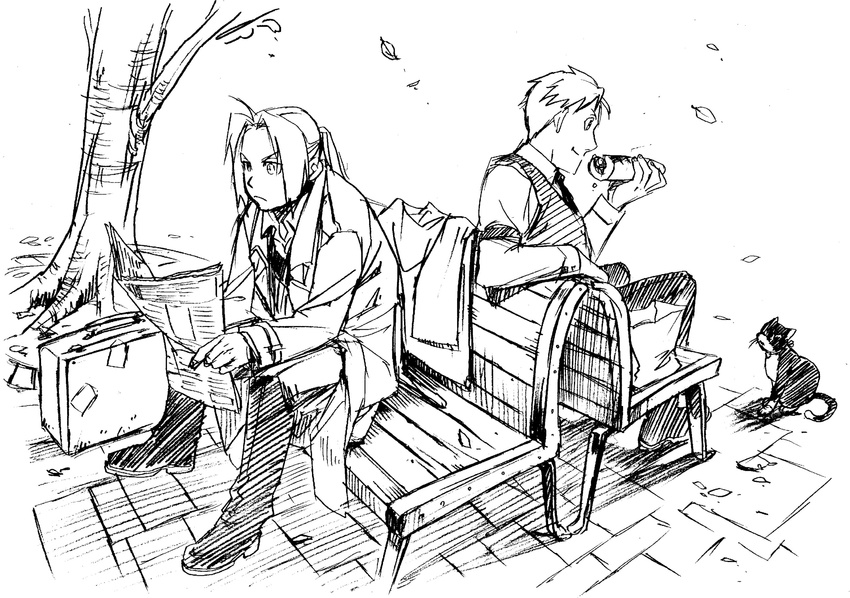 alphonse_elric arakawa_hiromu bag braid brothers cat eating edward_elric food formal fullmetal_alchemist greyscale highres jacket monochrome multiple_boys necktie newspaper official_art older ponytail siblings sitting sketch