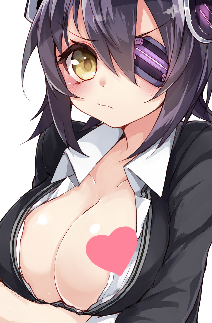 bad_id bad_pixiv_id blush breast_slip breasts censored cleavage eyepatch headgear highres kantai_collection kou_mashiro large_breasts one_breast_out open_mouth purple_hair short_hair simple_background solo tenryuu_(kantai_collection) white_background yellow_eyes