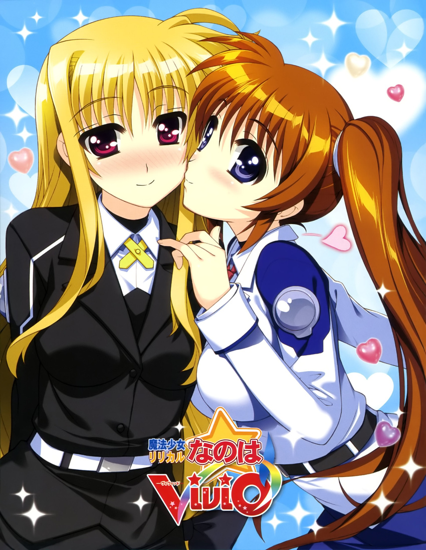 absurdres blonde_hair blush copyright_name fate_testarossa fujima_takuya heart highres long_hair lyrical_nanoha mahou_shoujo_lyrical_nanoha_vivid military military_uniform multiple_girls non-web_source official_art purple_eyes red_eyes red_hair scan side_ponytail sparkle takamachi_nanoha tsab_air_military_uniform tsab_executive_military_uniform uniform very_long_hair