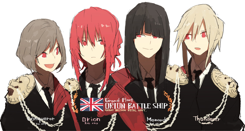 bangs black_hair blonde_hair blunt_bangs cape character_name epaulettes formal grey_hair hms_conqueror hms_conqueror_(siirakannu) hms_monarch hms_monarch_(siirakannu) hms_orion hms_orion_(siirakannu) hms_thunderer hms_thunderer_(siirakannu) kantai_collection lion long_hair long_sleeves looking_at_another military military_uniform multiple_girls necktie open_mouth original ponytail red_eyes red_hair royal_navy short_hair siirakannu simple_background smile uniform union_jack upper_body white_background