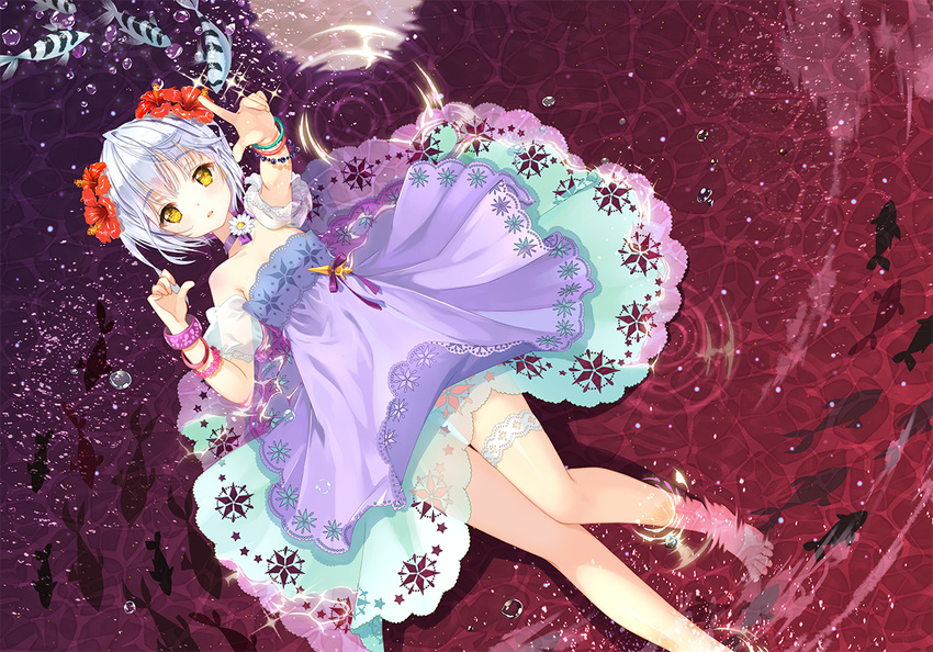 bare_shoulders barefoot bubble dress fish flower hair_flower hair_ornament legs lying mintchoco_(orange_shabette) on_back original ripples short_hair silver_hair solo water yellow_eyes