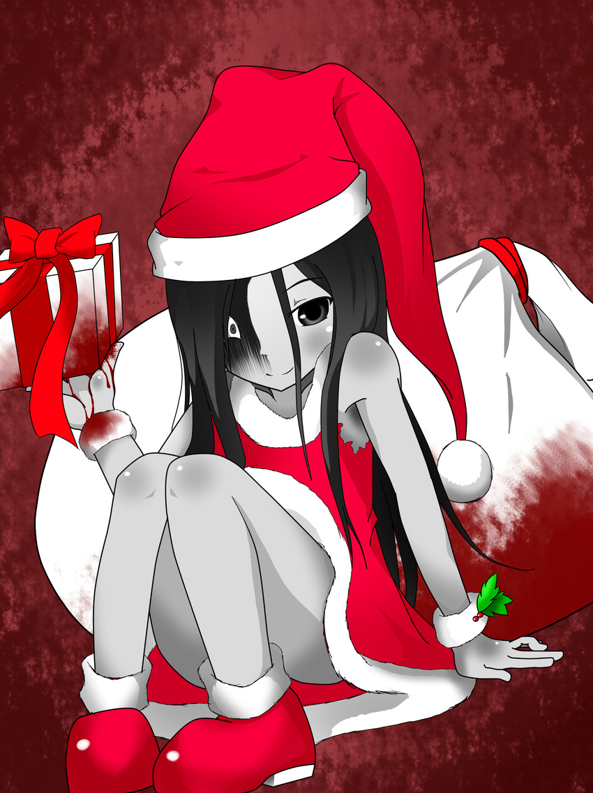 absurdres armpits bag bangs bare_shoulders black_eyes black_hair blood constricted_pupils corpse_party gift grey_skin hat highres long_hair looking_at_viewer red_ribbon ribbon santa_costume santa_hat shan_grila shinozaki_sachiko shiny shiny_skin sidelocks sitting smile solo wristband